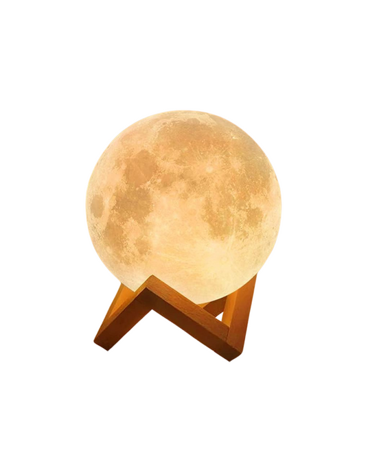 3D Printed Moon Lamp with Wooden Stand – 10cm