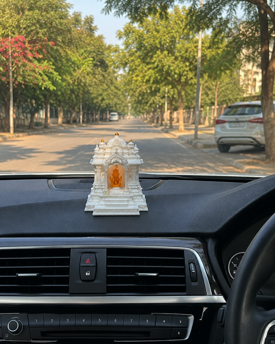 Premium Mini White Ganesh Car Dashboard Temple with Golden Ganesha Idol by 3Layered