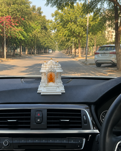 Premium Mini White Ganesh Car Dashboard Temple with Golden Ganesha Idol by 3Layered