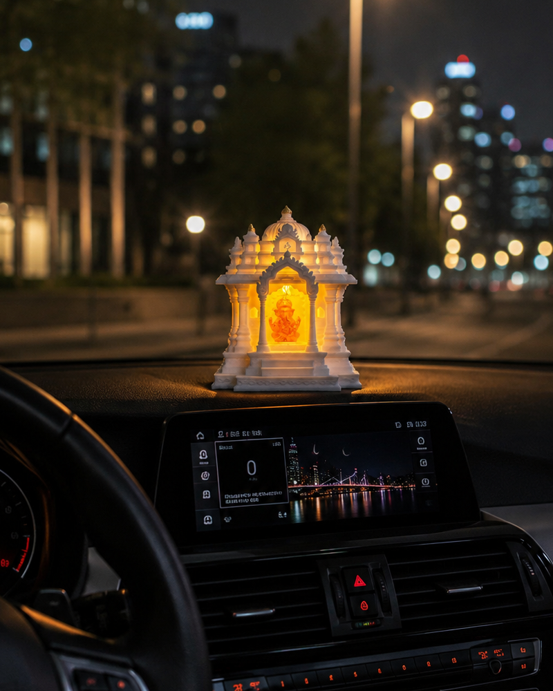 Premium White LED Ganesh Car Dashboard Temple with South Indian Design by 3Layered