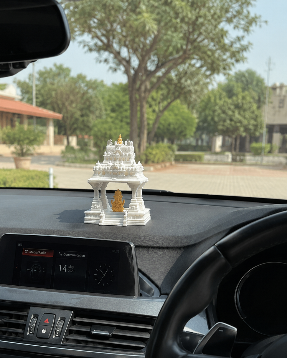 Premium White Ganesh Car Dashboard Temple with Golden Ganesha Idol by 3Layered