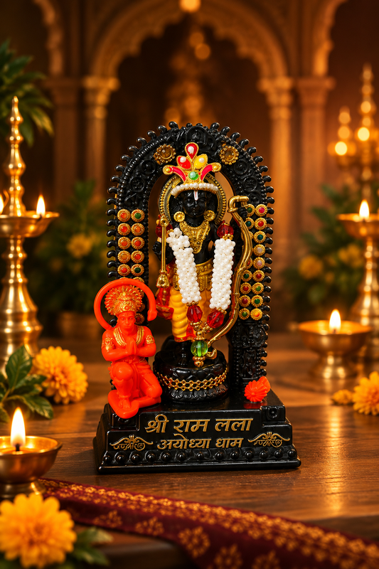 Shri Ram Lalla Ayodhya Dham 3D printed idol for home


Close up of Shri Ram Lalla idol with gold ornaments and garlands