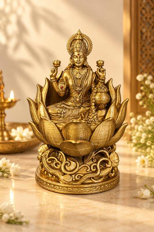 Antique Gold Lakshmi Ji Idol on Lotus | 3LAYERED